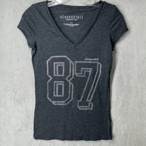 Aeropostale Tops - Aeropostale Gray Rhinestone 87 Tee Shirt V Neck Short Sleeve Women's Small